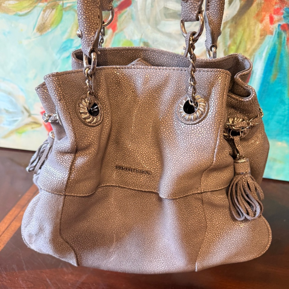 Judith Ripka Soft Leather Shoulder Bag Purse Light Gray